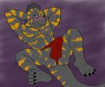 2026 4_toes abdominal_markings abs absurd_res anthro arm_markings barazoku biceps black_mane blue_eyes blush bulge butt butt_markings chest_markings claws clothed clothing dark_body digital_media_(artwork) echo_(game) echo_(series) echo_project eyebrows facial_markings facial_scales feet flynn_moore genitals gila_monster green_eyes grey_body hands_behind_head head_markings helodermatid hi_res inugami_beast leg_markings lizard looking_aside lying male mane markings multicolored_body multicolored_scales muscular muscular_anthro muscular_arms muscular_male on_back one_eye_obstructed orange_body orange_markings orange_scales pecs penis presenting presenting_bulge red_clothing red_speedo red_swimwear reptile scale_eyebrows scales scalie simple_background snout soles solo speedo swimwear tail tail_markings tenting toe_claws toes two_tone_body two_tone_tail underwear underwear_only