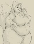 anthro big_breasts black_and_yellow breasts canid canine clothing disney dress fat_upper_pubic_area female food fox greyscale head_tilt headdress hi_res holding_food holding_object holding_own_belly huge_breasts looking_at_viewer maid_marian mammal monochrome obese obese_female open_mouth overweight overweight_female robin_hood_(disney) ryoxxl smile solo
