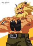  belt clothed clothing digimon ear_piercing leomon logan_sato long_ears male mane muscular pants piercing pointy_ears scar solo topless 