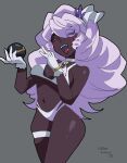  1girl :d artist_name ascot bare_shoulders big_hair bikini bracelet braid breasts choker closed_eyes cowboy_shot dark-skinned_female dark_skin dated fascinator frilled_ascot frills gloves grey_background highres jacinthe_(pokemon) jewelry long_hair low_drills luxury_ball midriff navel open_mouth poke_ball pokemon pokemon_legends:_z-a purple_hair satoro301 sidelocks smile solo swimsuit teeth thigh_strap very_dark_skin very_long_braid white_bikini white_choker white_gloves 
