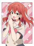 1girl :d blush blush_stickers bocchi_the_rock! commentary fingernails hair_between_eyes highres kita_ikuyo long_hair looking_at_viewer noyama_takenoko open_mouth outline palms_together red_hair red_ribbon ribbon school_uniform serafuku side_ponytail smile solo white_outline yellow_eyes 