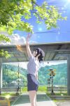  blue_shorts blue_sky chainsaw_man day forest green_eyes hair_bun highres hill house leaf light_rays m_alexa nature outdoors purple_hair railroad_crossing railroad_tracks reze_(chainsaw_man) shirt shorts sidewalk sky sunbeam sunlight train_station tree white_shirt 