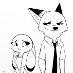  black_and_white blush canine clothed clothing dipstick_ears disney ears_down female fox judy_hopps lagomorph male mammal monochrome necktie nick_wilde rabbit red_fox shirt simple_background skeletonguys-and-ragdolls smile white_background zootopia 