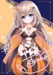  1girl 9-nine- absurdres alternate_costume annzu129 bat_hair_ornament black_boots black_cape blue_background blue_eyes blush boots bow bow_legwear breasts brown_hair cape cleavage closed_mouth commentary_request commission cosplay detached_sleeves feet_out_of_frame gear_hair_ornament hair_ornament halloween halloween_costume hands_up heart heart_hands highres jack-o'-lantern kujou_miyako lace-up_boots large_breasts long_hair long_sleeves looking_at_viewer navel orange_cape outline pumpkin red_bow sanoba_witch simple_background sitting skeb_commission smile solo star_(symbol) star_symbol_background stomach thighhighs thighs togakushi_touko togakushi_touko_(cosplay) two-sided_cape two-sided_fabric two-tone_background variant_set very_long_hair white_outline white_thighhighs wing_hair_ornament yellow_background 