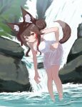 1girl animal_ear_fluff animal_ears black_hair commentary dress highres hololive long_hair looking_at_viewer multicolored_eyes multicolored_hair ookami_mio red_hair river shino2121 solo tail virtual_youtuber wet wet_clothes wet_dress white_dress wolf_ears wolf_girl wolf_tail 