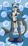 abs anthro big_breasts bikini blue_eyes blue_hair blue_highlights breasts clothed clothing female fin fish grey_skin hair highlights inctastic marine muscular muscular_female nika_sharkeh piercing shark smile solo standing stripes swimsuit teeth 