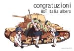  anchovy anzio_(emblem) anzio_school_uniform artist_name black_hair blonde_hair braid cape carpaccio caterpillar_tracks commentary_request emblem girls_und_panzer green_eyes green_hair ground_vehicle hat kuromorimine_military_uniform long_hair m13/40 military military_vehicle motor_vehicle multiple_girls nishikawa_ryunosu pantyhose pepperoni_(girls_und_panzer) red_eyes short_hair side_braid skirt smile thighhighs translation_request twintails white_background yellow_eyes 