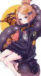  abigail_williams_(fate/grand_order) alternate_hairstyle bandaid_on_forehead bangs barefoot belt black_bow black_jacket blonde_hair blue_eyes blush bow commentary_request fate/grand_order fate_(series) feet forehead hair_bow hair_bun heroic_spirit_traveling_outfit high_collar holding holding_stuffed_animal jacket legs long_hair looking_at_viewer misumi_(macaroni) open_mouth orange_bow parted_bangs polka_dot polka_dot_bow simple_background sitting sleeves_past_fingers sleeves_past_wrists solo stuffed_animal stuffed_toy suction_cups teddy_bear tentacles thighs white_background 
