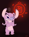  2018 4_toes alien angel_(lilo_&amp;_stitch) angry antennae chest_markings claws crossed_arms digital_drawing_(artwork) digital_media_(artwork) disney experiment_(species) eyelashes hi_res lilifox lilo_and_stitch looking_at_viewer markings pink_body pink_claws purple_eyes purple_nose red_background simple_background small_tail solo toes 