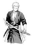  1boy abaraya closed_mouth cowboy_shot earrings haramaki highres holding holding_sword holding_weapon japanese_clothes jewelry kimono male_focus one_piece roronoa_zoro sash scar scar_across_eye scar_on_chest scar_on_face short_hair solo sword weapon 