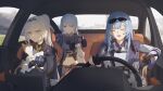  3girls absurdres ak-12_(girls'_frontline) ak-15_(girls'_frontline) alva_(girls'_frontline_2) an-94_(girls'_frontline) black_gloves blue_eyes blue_hair breasts car car_interior cat closed_mouth commentary_request driving dumbbell eyewear_on_head girls'_frontline girls'_frontline_2:_exilium glasses gloves highres jacket jishou_kusaboukun koleda_(girls'_frontline_2) long_hair medium_breasts motor_vehicle multiple_girls navel open_mouth steering_wheel stomach voymastina_(girls'_frontline_2) white_hair 