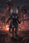 2026 2_horns anthro armor azure_(azurevi2) back_wings battlefield biped breasts claws clothed clothing digitigrade dragon electricity european_mythology female front_view furgonomic_headwear furgonomics glowing glowing_eyes headgear helmet holding_melee_weapon holding_object holding_polearm holding_spear holding_weapon horn lightning magic magic_user melee_weapon membrane_(anatomy) membranous_wings mythological_creature mythological_scalie mythology nikkimory non-mammal_breasts polearm scalie solo spear standing sunset toe_claws weapon western_dragon wings