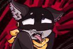  ahegao bandanna blue_eyes cat cat_ears_(disambiguation) cum cum_in_mouth cum_inside cumface feline fur looking_pleasured looking_up lusty_expression mammal mask morgana_(persona) persona_(series) persona_5 red_background salamikii simple_background tomgue_out 