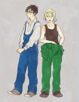  :p bare_arms black_eyes black_hair black_shirt blonde_hair blue-framed_eyewear blue_eyes expressionless full_body glasses green_pants grey_background grey_footwear grey_shirt katsuki_yuuri long_sleeves looking_away male_focus multiple_boys overalls pants ponytail profile r_inami shirt short_hair simple_background sleeveless sleeveless_shirt tongue tongue_out yuri!!!_on_ice yuri_plisetsky 