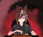  1girl ahoge animal_ears bad_anatomy bad_hands black_shirt board_game brown_hair chess chess_piece collared_shirt commentary eyes_visible_through_hair grey_streaks hair_over_one_eye highres horse_ears horse_girl looking_at_viewer multicolored_hair parted_lips photo-referenced purple_eyes rulership_(umamusume) shirt short_hair short_sleeves solo streaked_hair umamusume yuusenpai69 