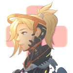  artist_name blonde_hair blue_eyes close-up face high_ponytail koyorin lips mechanical_halo mercy_(overwatch) overwatch parted_lips parts_exposed robot short_hair solo 