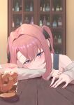  1girl absurdres alcohol black_ribbon blush bottle closed_mouth commentary_request cup hair_in_own_mouth hair_intakes hair_ribbon highres indoors kamiina_botan kamiina_botan_yoeru_sugata_wa_yuri_no_hana kara_kara long_hair off-shoulder_shirt off_shoulder pink_hair ribbon shirt solo two_side_up whiskey white_shirt 