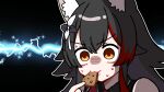  1girl :3 animal_ear_fluff animal_ears black_hair brown_eyes commentary_request eating food hair_between_eyes hair_ornament highres holding holding_food hololive munlv323 necktie ookami_mio red_hair red_necktie solo upper_body virtual_youtuber wolf_ears wolf_girl yellow_eyes 