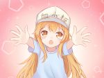  1girl :o bangs blue_shirt blush brown_eyes carry_me character_name clothes_writing commentary_request eyebrows_visible_through_hair flat_cap hair_between_eyes hat hataraku_saibou highres light_brown_hair long_hair looking_at_viewer open_mouth outstretched_arms platelet_(hataraku_saibou) shirt short_sleeves solo sparkle tears very_long_hair white_hat 