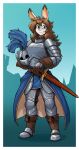 2024 aleanora anthro armor armorbun boots border bottomwear brown_hair clothed clothing digital_media_(artwork) facial_scar female footwear fur gauntlets gloves hair handwear headgear helmet hi_res holding_armor holding_headgear holding_helmet holding_object lagomorph leporid long_hair looking_at_viewer mammal melee_weapon otakuap plate_armor rabbit scabbard scar shoes simple_background smile solo standing sword weapon white_border