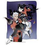  1boy 1girl archer_(fate) archer_(honkai:_star_rail)_(fate) arm_around_another's_waist arm_around_shoulder bbbashong black_gloves black_hair black_pants black_shirt black_thighhighs blue_eyes boots border breasts brown_eyes closed_mouth fate/stay_night fate_(series) gloves grey_hair highres honkai:_star_rail honkai_(series) jacket long_hair medium_breasts open_mouth pants parted_bangs pleated_skirt purple_background red_jacket shirt short_hair skirt smile tan thighhighs tohsaka_rin tohsaka_rin_(honkai:_star_rail) twintails two_side_up white_boots white_border white_skirt 