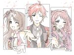  1boy 2girls ahoge blue_eyes blush breasts brown_hair commentary_request facial_hair gakuen_idolmaster hanami_saki hand_up highres idol idolmaster idolmaster_cinderella_girls idolmaster_side-m iloveecatzsm in-franchise_crossover jacket long_hair long_sleeves looking_at_viewer multiple_girls necktie offering_hand open_mouth pink_hair pink_jacket red_eyes red_hair shimamura_uzuki shirt simple_background smile tendo_teru white_background 