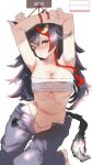  1girl alternate_costume animal_ears bdsm black_hair breasts denim hair_between_eyes hair_ornament highres hololive jeans long_hair looking_at_viewer medium_breasts ookami_mio panties pants red_hair simple_background solo tail tazrn1 underwear virtual_youtuber white_background white_panties wolf_ears wolf_girl wolf_tail yellow_eyes 