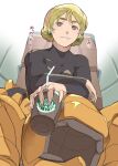  1girl absurdres black_bodysuit blonde_hair bodysuit bright_pupils brown_eyes clothes_down cockpit commentary_request covered_collarbone crossed_arms cup disposable_coffee_cup disposable_cup double-parted_bangs double_bun drinking_straw earrings from_below gundam hair_between_eyes hair_bun hairband helmet highres holding holding_cup jewelry k_katora katejina_loos looking_at_viewer looking_down mecha mecha_pilot_suit mobile_suit normal_suit_(gundam) parted_lips pilot_helmet pink_hairband robot science_fiction short_hair sitting smile solo sphere_earrings starbucks thick_eyebrows translation_request unworn_headwear unworn_helmet upper_body victory_gundam white_pupils zanscare 
