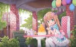  1girl :d absurdres apron bag balloon bendy_straw blue_dress blue_eyes blush brown_hair bubble_tea building chair commentary_request confetti cup day disposable_cup dress drinking_straw fang food fred04142 highres holding holding_spoon indie_virtual_youtuber long_hair menu_board mochikomame on_chair pantyhose people puffy_short_sleeves puffy_sleeves shaved_ice short_sleeves shoulder_bag sign silhouette smile solo spoon table translation_request tree very_long_hair virtual_youtuber white_apron white_pantyhose window 