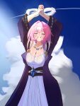  1girl alternate_breast_size_(larger) amphoreus_(honkai:_star_rail) blue_eyes blue_sky breasts cleavage coat cyrene_(honkai:_star_rail) cyrene_(philia093)_(honkai:_star_rail) dress highres honkai:_star_rail honkai_(series) jewelry large_breasts looking_at_viewer medium_hair mobius_strip multicolored_hair naha30nebukuro necklace own_hands_together pink_hair purple_coat sky smile solo two-tone_hair white_dress white_hair 