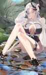  1girl absurdres bare_legs black_halo black_horns black_one-piece_swimsuit blue_archive blue_eyes breast_cutouts breasts forest full_body gradient_halo grin halo highres hno3_3hcl horns long_hair looking_at_viewer makoto_(blue_archive) multicolored_halo nature one-piece_swimsuit one_eye_closed outdoors river shrug_(clothing) sitting smile solo swimsuit tree two-tone_halo wet wet_clothes white_hair white_shrug 