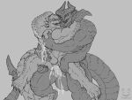 4:3 4_arms 6_eyes anal anal_penetration animal_genitalia anthro armadillo_girdled_lizard balls big_balls big_penis bodily_fluids claws corinoch corinoch_(artist) cum cum_drip cum_in_ass cum_inside cum_while_penetrated demon dripping duo ejaculation excessive_cum excessive_genital_fluids french_kissing genital_fluids genital_slit genitals girdled_lizard hand_around_neck hand_on_penis held_up hi_res horn horn_grab kissing lizard long_tail long_tongue male male/male monochrome multi_arm multi_eye multi_limb muscular muscular_male pec_squeeze penetration penile penile_penetration penis penis_in_ass reach_around reptile scalie sex size_difference standing standing_sex sweat sweaty_body tail tongue