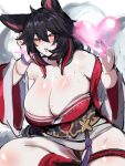  1girl absurdres ahri_(league) ahri_(league)_(cosplay) animal_ears black_hair breasts cleavage cosplay english_commentary facial_mark fox_tail heart heart_hands highres huge_breasts k_(kuayrenaiz) korean_clothes kurenaiz_(kuayrenaiz) league_of_legends multicolored_hair orange_eyes original red_streaks solo stitched_arm stitches streaked_hair tail whisker_markings 