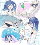  1girl :d absurdres ahoge amamiya_kokoro amamiya_kokoro_(7th_costume) bare_shoulders bikini black_bikini blue_hair chair closed_mouth cm_kuro16 commentary_request earrings fang frilled_bikini frills hair_intakes hair_ornament hairclip hat highres holding holding_water_gun inflatable_dolphin inflatable_toy innertube jewelry lounge_chair lying medium_hair multiple_views navel neko_(amamiya_kokoro) nijisanji off-shoulder_shirt off_shoulder on_back on_side open_mouth print_shirt profile shirt short_sleeves side-tie_bikini_bottom skin_fang smile speech_bubble straight_hair straw_hat swim_ring swimsuit t-shirt twitter_username two_side_up virtual_youtuber water_gun white_shirt x_hair_ornament yellow_eyes 