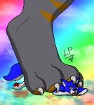  anthro blue_eyes blue_fur claws crush dragon duo feet feline fluffy fluffy_tail foot_fetish fur happy hindpaw iampretor love mammal micro paws reptile scalie size_difference smash solo_focus stomping toe_claws toes 