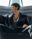  1boy absurdres black_hair black_pants black_shirt chest_tattoo commentary_request hand_tattoo highres indoors male_focus one_piece pants qinyu0314 shirt short_hair sideburns sitting solo tattoo trafalgar_law 