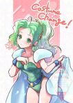  1girl 2026 ahoge armor artist_name belt blue_belt border breasts cape celes_chere celes_chere_(cosplay) commentary_request cosplay cowboy_shot dated earrings final_fantasy final_fantasy_vi green_eyes green_hair green_leotard hand_on_own_chest jewelry leotard long_hair medium_breasts mtsnote parted_bangs parted_lips pink_background ponytail shoulder_armor solo terra_branford thighs white_border white_cape wristband 