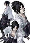  1boy black_hair closed_mouth collarbone full_body highres looking_at_viewer male_focus multiple_views naruto_(series) naruto_shippuuden pectorals purple_rope red_eyes rope rope_belt sharingan short_hair simple_background sso_s standing toned toned_male uchiha_sasuke white_background 