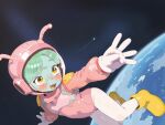  absurdres alien antennae aqua_hair aqua_skin astronaut boots colored_skin freckles helmet highres in_orbit leotard open_mouth original pantyhose pink_leotard smile space space_helmet suwuart white_pantyhose yellow_boots yellow_eyes 