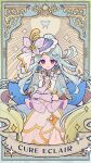  1girl absurdres aqua_hair art_nouveau border bridal_gauntlets card_(medium) character_name check_copyright commentary copyright_request cure_eclair dress earrings floating_hair gem hat highres jewelry kannagi6 long_hair looking_at_viewer orange_gem pink_dress precure red_eyes solo tarot tarot_(medium) untranslatable_commentary 