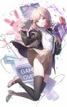  1girl absurdres as4_s2 backpack bag black_jacket black_shirt black_thighhighs blood brown_hair closed_mouth colored_blood commentary_request cowboy_shot danganronpa_(series) danganronpa_2:_goodbye_despair dress_shirt expressionless full_body glitch handheld_game_console highres holding holding_handheld_game_console iei jacket komaeda_nagito long_sleeves medium_hair miniskirt nanami_chiaki no_hair_ornament open_clothes open_jacket pink_bag pink_blood pink_eyes pink_shoes shirt shoes simple_background skirt spoilers thighhighs two-tone_shirt usami_(danganronpa) white_background white_shirt 