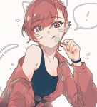  ! 1girl :q animal_ears belt black_tank_top bracelet breasts c2_v candy cat_ears cat_tail cherry_(cytus) cleavage collarbone cytus cytus_ii drawn_ears drawn_heart drawn_nose drawn_star drawn_tail drawn_whiskers ear_piercing earrings face_filter fake_animal_ears food heart holding holding_candy holding_food holding_lollipop jacket jewelry licking_lips lollipop long_sleeves looking_at_viewer multicolored_nails nail_polish off_shoulder open_clothes piercing red_eyes red_hair red_jacket shirt short_hair simple_background single_bare_shoulder single_off_shoulder smile solo spoken_exclamation_mark stud_earrings tail tank_top tongue tongue_out upper_body white_background 