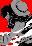  1boy absurdres back clenched_hand clenched_teeth commentary greyscale_with_colored_background hat highres male_focus monkey_d._luffy one_piece red_background saturated_background shi_camellia8 simple_background smile smoke solo straw_hat teeth 