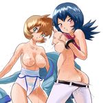  ass black_hair breast_grab breast_lift breasts brown_hair deep_skin flipped_hair grabbing green_eyes gym_leader kasumi_(pokemon) large_breasts multiple_girls natsume_(pokemon) nervous nipples no_panties nude otsukare pink_eyes pokemon pokemon_(game) pokemon_hgss pubic_hair see-through shirt_lift small_nipples smile swimsuit_pull topless wet 