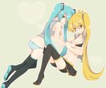  akita_neru aqua_eyes aqua_hair ass bad_id bad_pixiv_id bike_shorts blonde_hair boots flat_chest hatsune_miku highres long_hair multiple_girls navel nipples no_pants panties side_ponytail skirt striped striped_panties thigh_boots thighhighs toudou_charo twintails underwear vocaloid yellow_eyes yuri 