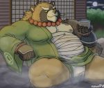  2018 anthro belly brown_fur bulge canine clothing fundoshi fur gyobu humanoid_hands japanese_clothing leaf male mammal moobs moon nanoff night nipples overweight overweight_male robe scar sitting solo tanuki tattoo tokyo_afterschool_summoners underwear video_games 