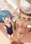  2girls bikini blue_eyes blue_hair breasts dark_skin green_eyes green_hair groin highres looking_at_viewer mao_(pokemon) medium_breasts multiple_girls navel one-piece_swimsuit pale_skin pink_bikini pokemon pokemon_(game) pokemon_sm prophecy_(rakuichimonji) short_hair small_breasts smile suiren_(pokemon) swimsuit trial_captain twintails 