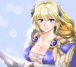  1girl armor bangs blonde_hair blue_eyes blush braid breasts cleavage closed_mouth collarbone commentary_request cross-laced_clothes dress hair_ornament large_breasts long_hair no_bra pauldrons shield smile solo sophitia_alexandra soulcalibur sword weapon 