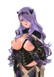  armor black_armor black_panties blazingchaos breasts camilla_(fire_emblem_if) capelet cowboy_shot fire_emblem fire_emblem_if gloves hand_on_own_chest hips large_breasts leather lips loincloth long_hair looking_at_viewer nipples no_bra panties purple_eyes purple_gloves purple_hair shiny shiny_clothes shiny_hair shiny_skin simple_background smile solo thighs tiara topless underwear vambraces very_long_hair wavy_hair 