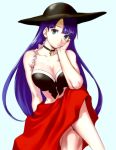  aoba_(smartbeat) bikini black_bikini blue_eyes breasts chin_rest choker cleavage collarbone cross crossed_legs earrings fate/grand_order fate_(series) frown hat jewelry large_breasts long_hair long_legs looking_at_viewer purple_hair red_sarong saint_martha saint_martha_(swimsuit_ruler)_(fate) sarong solo sun_hat swimsuit 